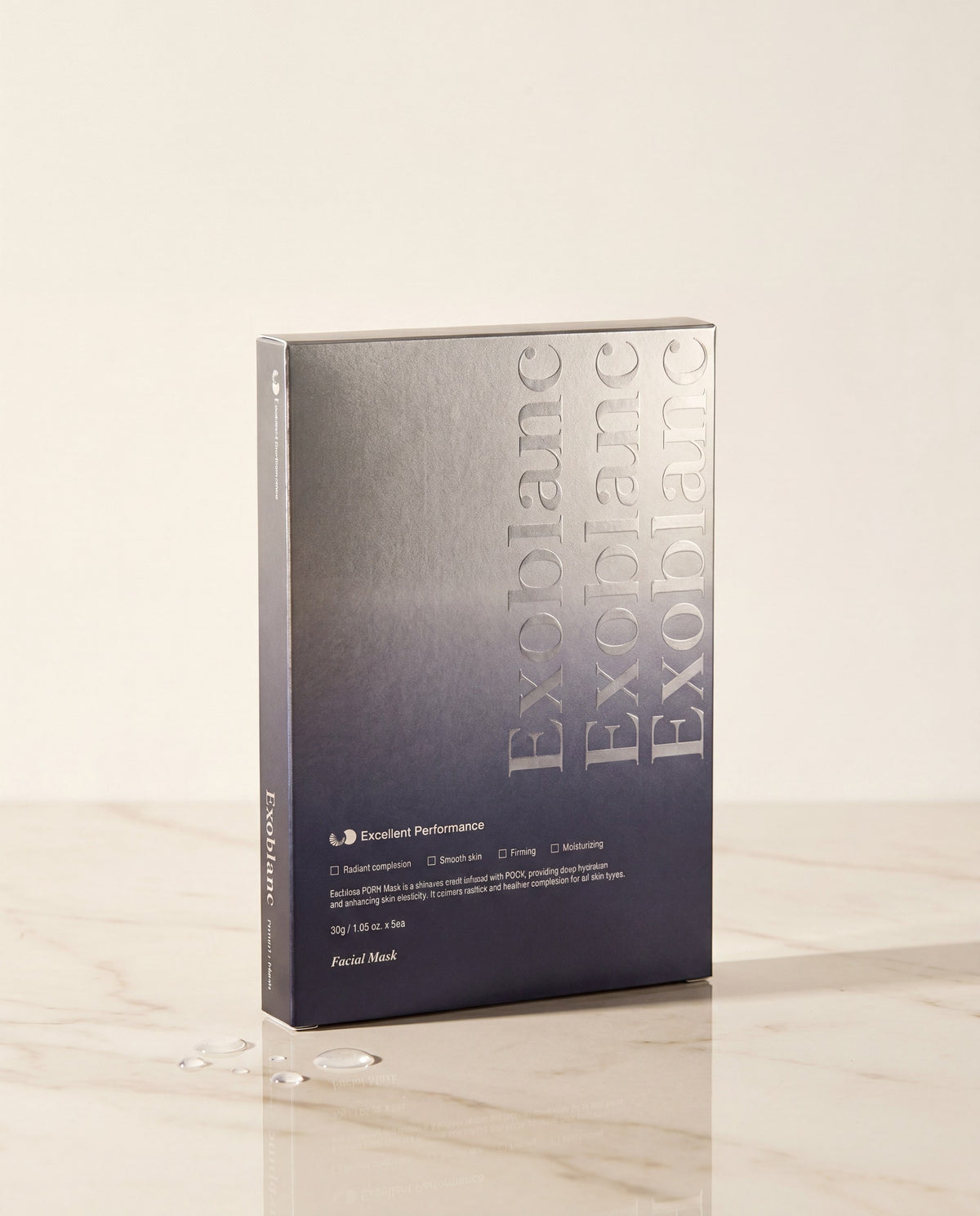 Masque coréen au PDRN ExoBlanc — boîte et sachet, lumière golden