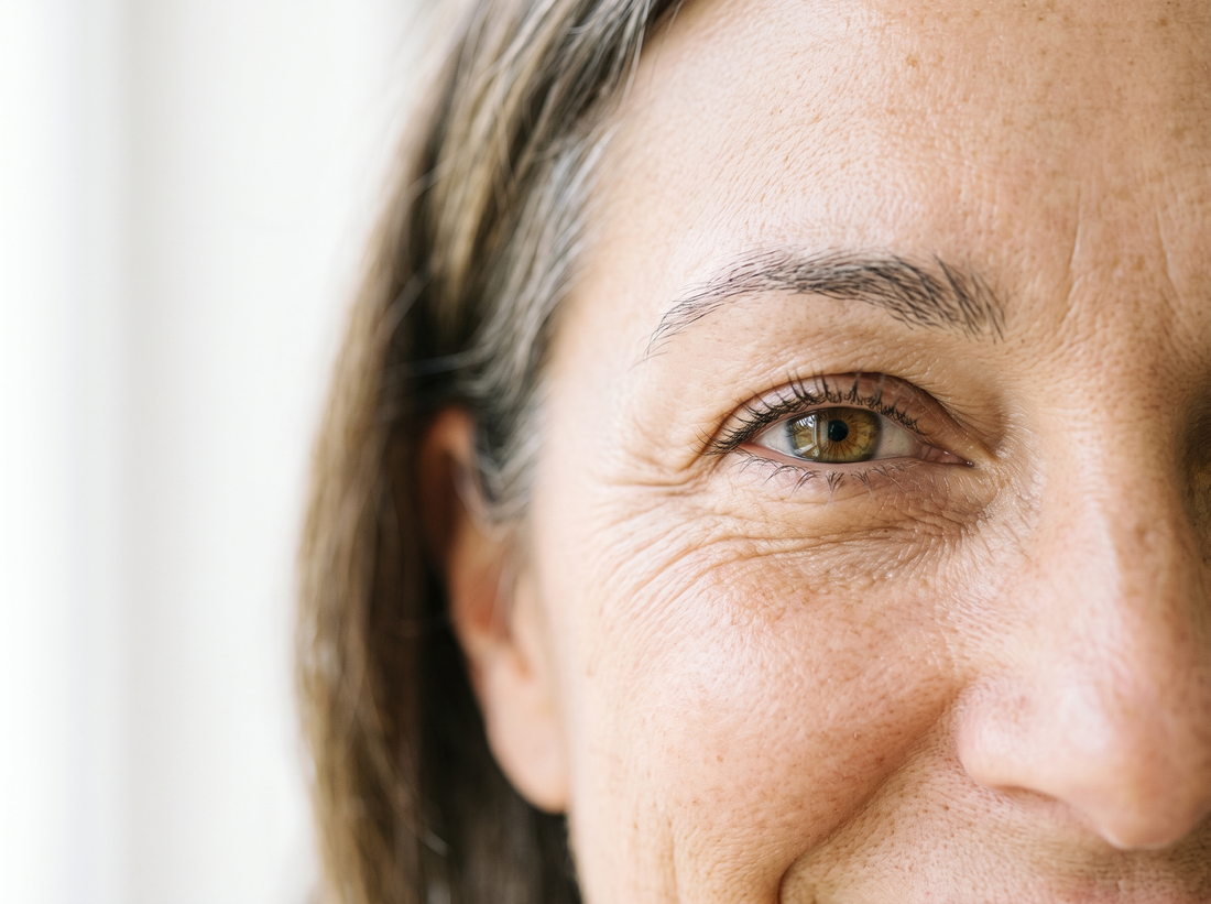 Contour de l'œil avec ridules, regard souriant, gros plan lumineux