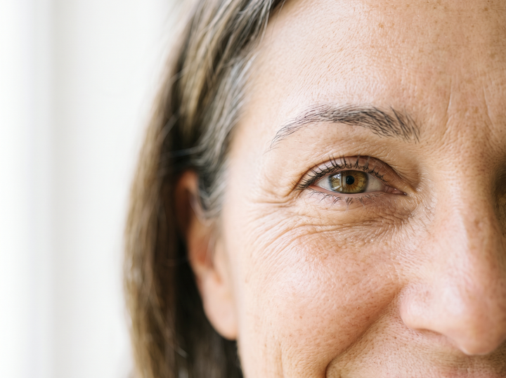 Contour de l'œil avec ridules, regard souriant, gros plan lumineux