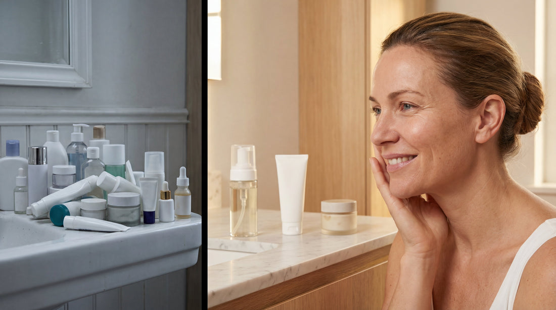 Femme 42 ans routine minimaliste K-Beauty 3 gestes skip care salle de bain épurée
