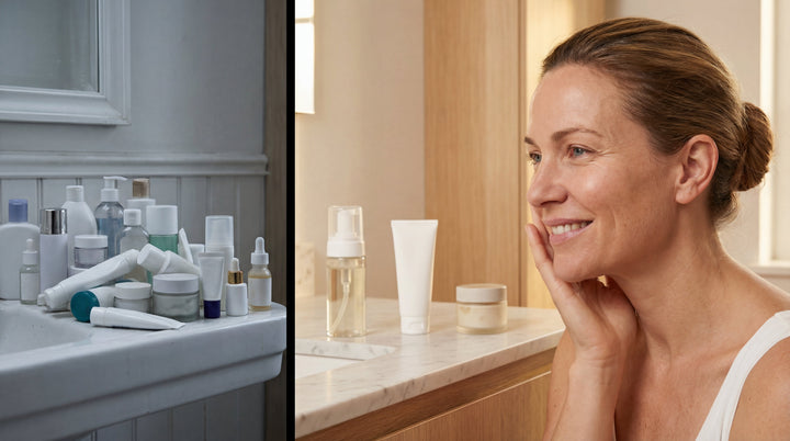 Femme 42 ans routine minimaliste K-Beauty 3 gestes skip care salle de bain épurée