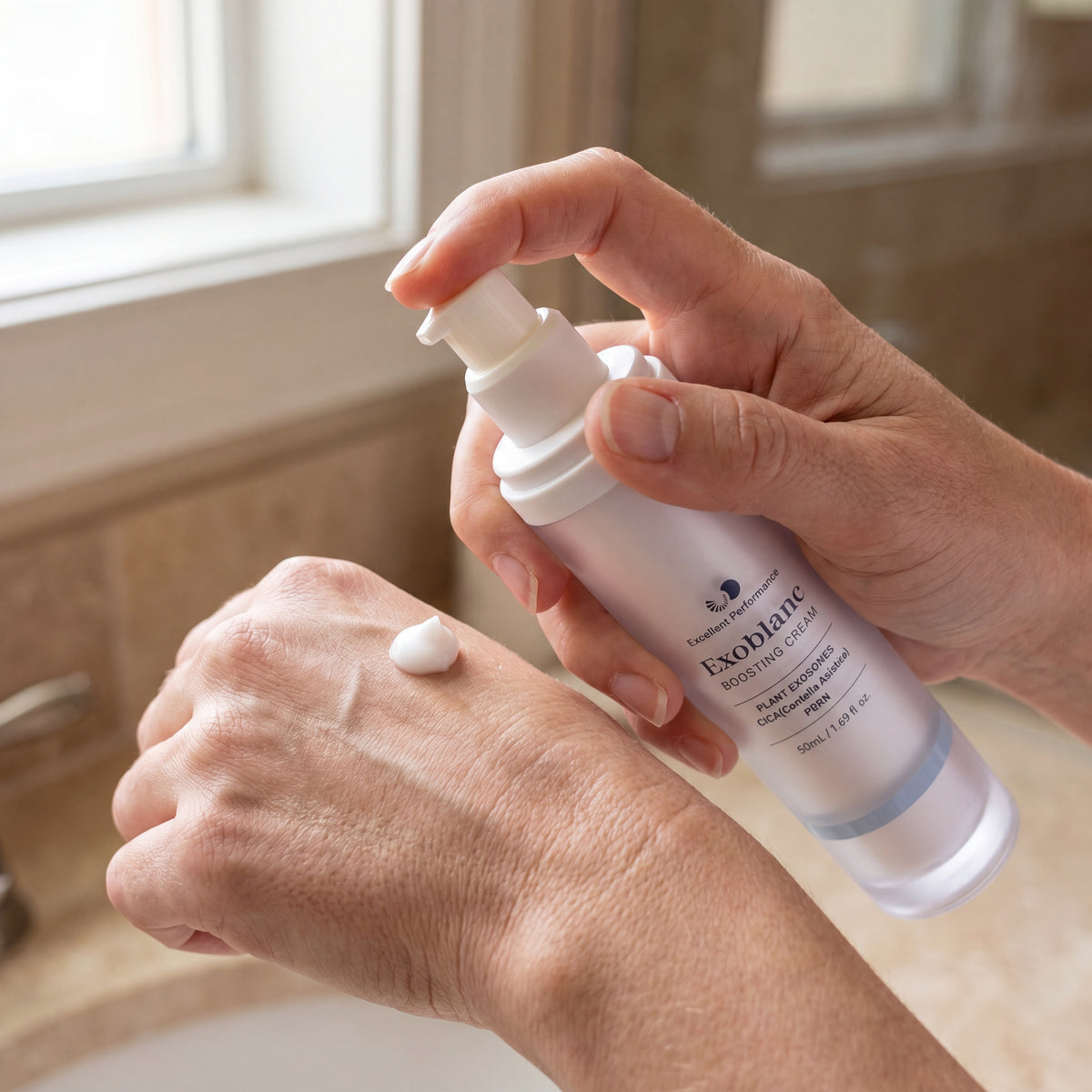 Main pressing the pump of ExoBlanc Glow Nourishing Cream, a pea-sized amount of cream