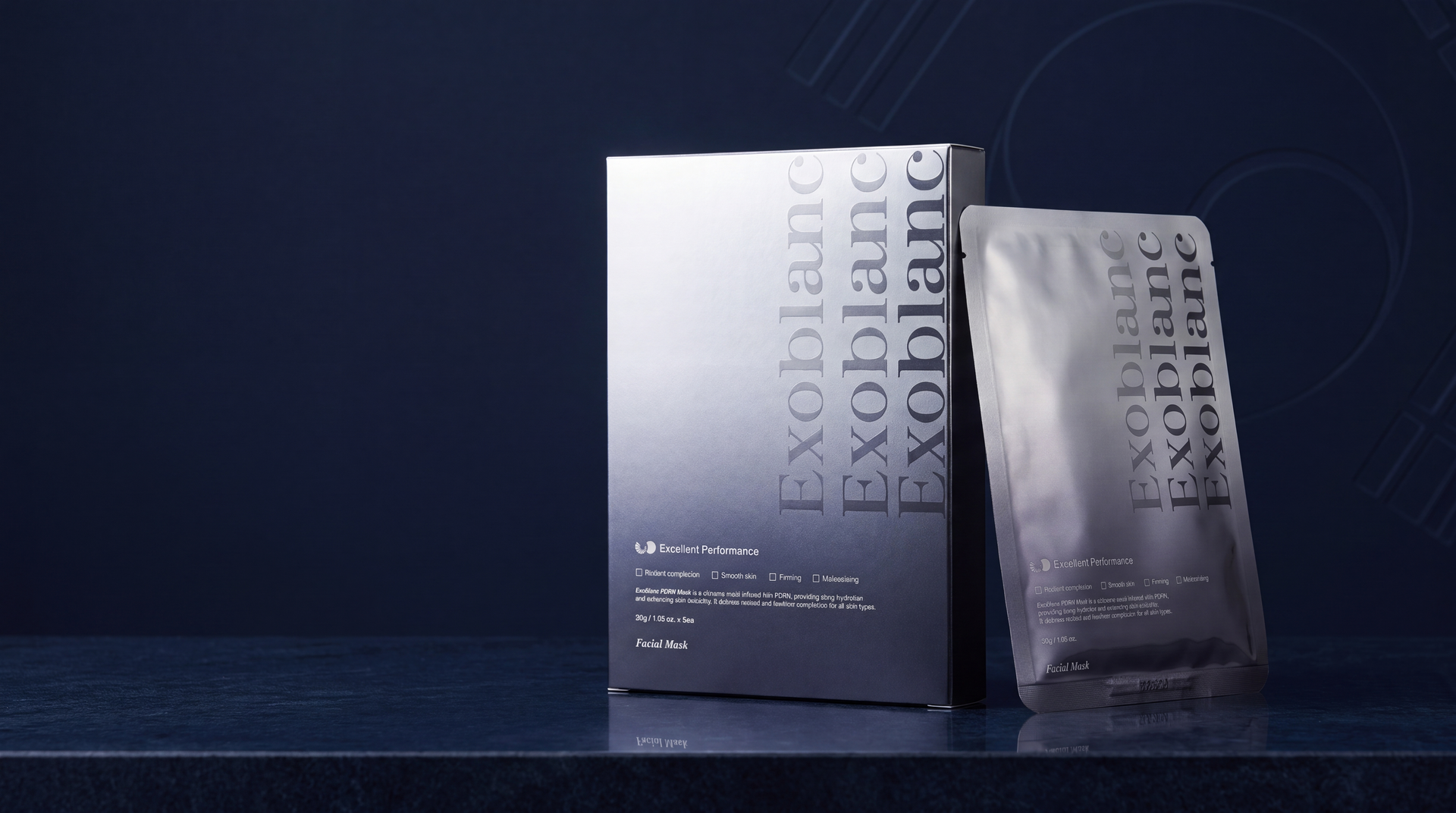 Masque visage coréen ExoBlanc PDRN, boîte et sachet argentés — soin éclat, fermeté et hydratation