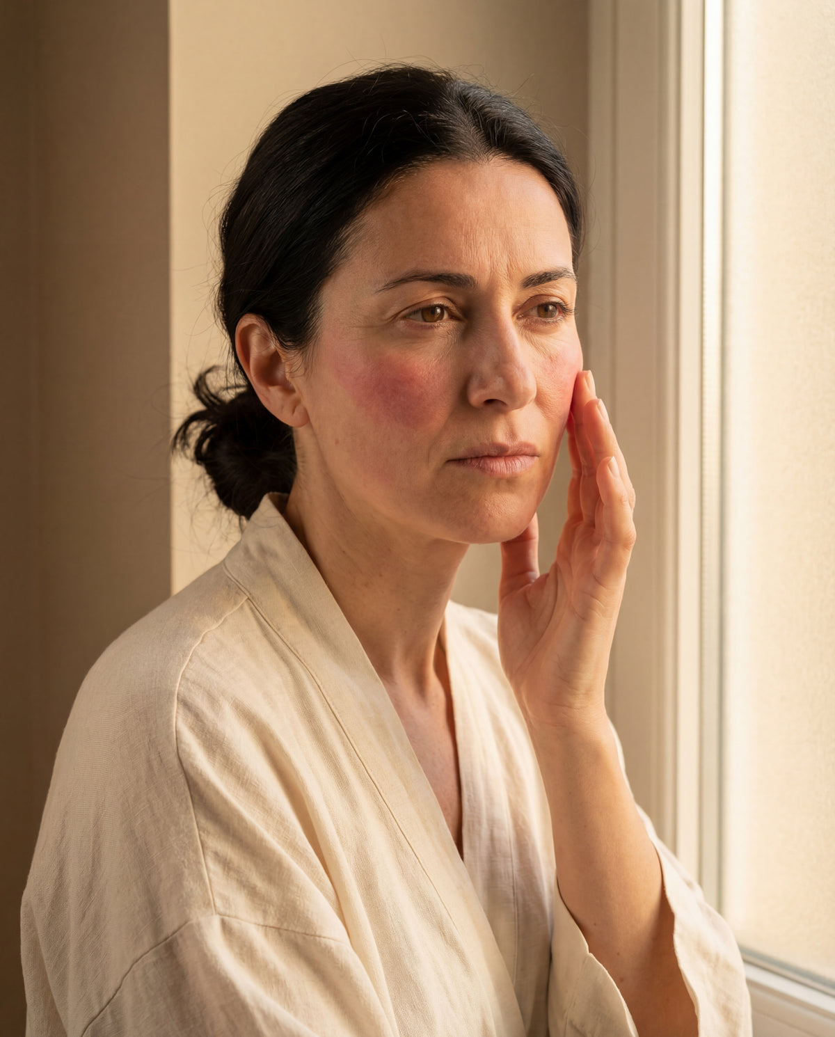 Woman 40 years old cheeks reddened by retinol touches her irritated skin — PDRN collagen mask post-actives recovery