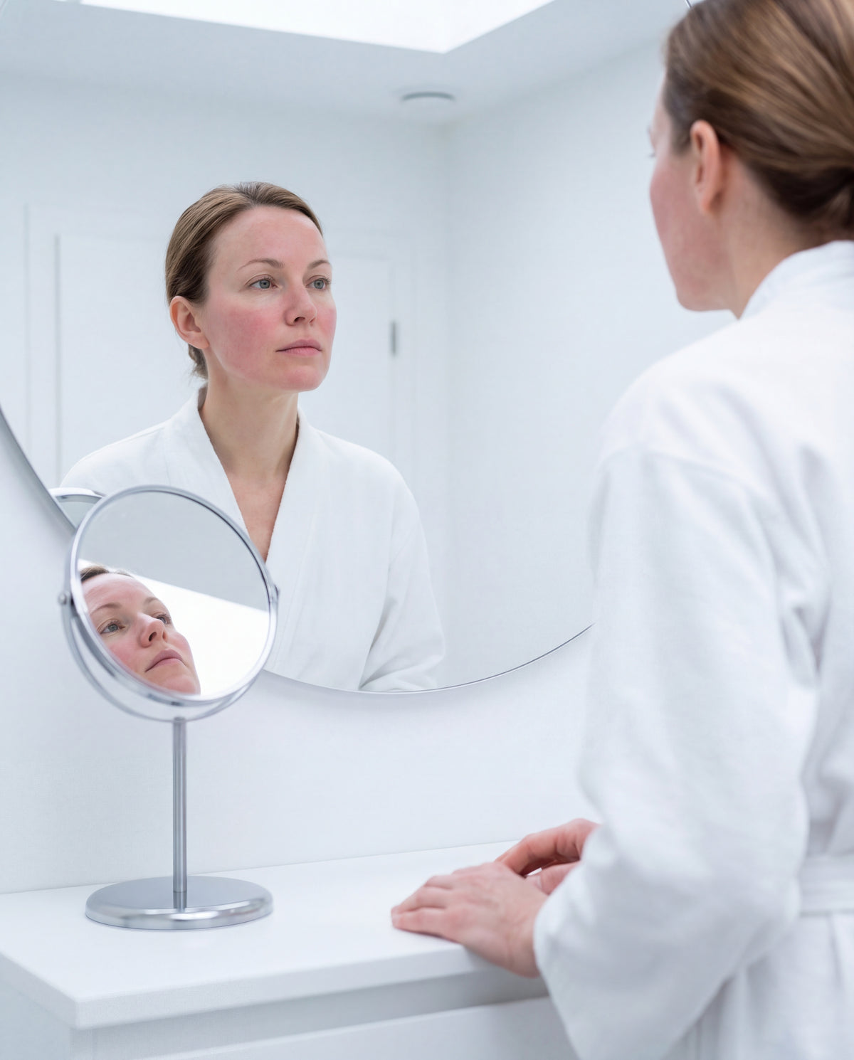 Woman with sensitized skin post-peel examines her face in a mirror — post-aesthetic treatment recovery care