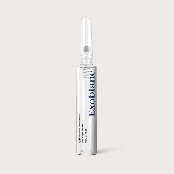 ExoBlanc NMN & Bakuchiol Eye Cream tube, 10 ml, applicator, light background