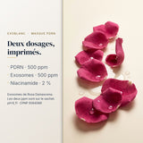 Masque ExoBlanc : PDRN 500 ppm et exosomes de Rosa Damascena 500 ppm, deux dosages imprimés sur le sachet