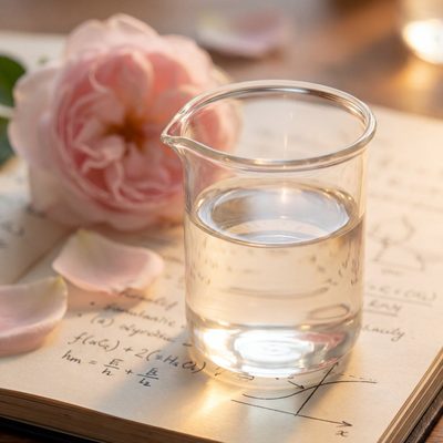 Bécher sérum transparent sur carnet formulation rose de Damas